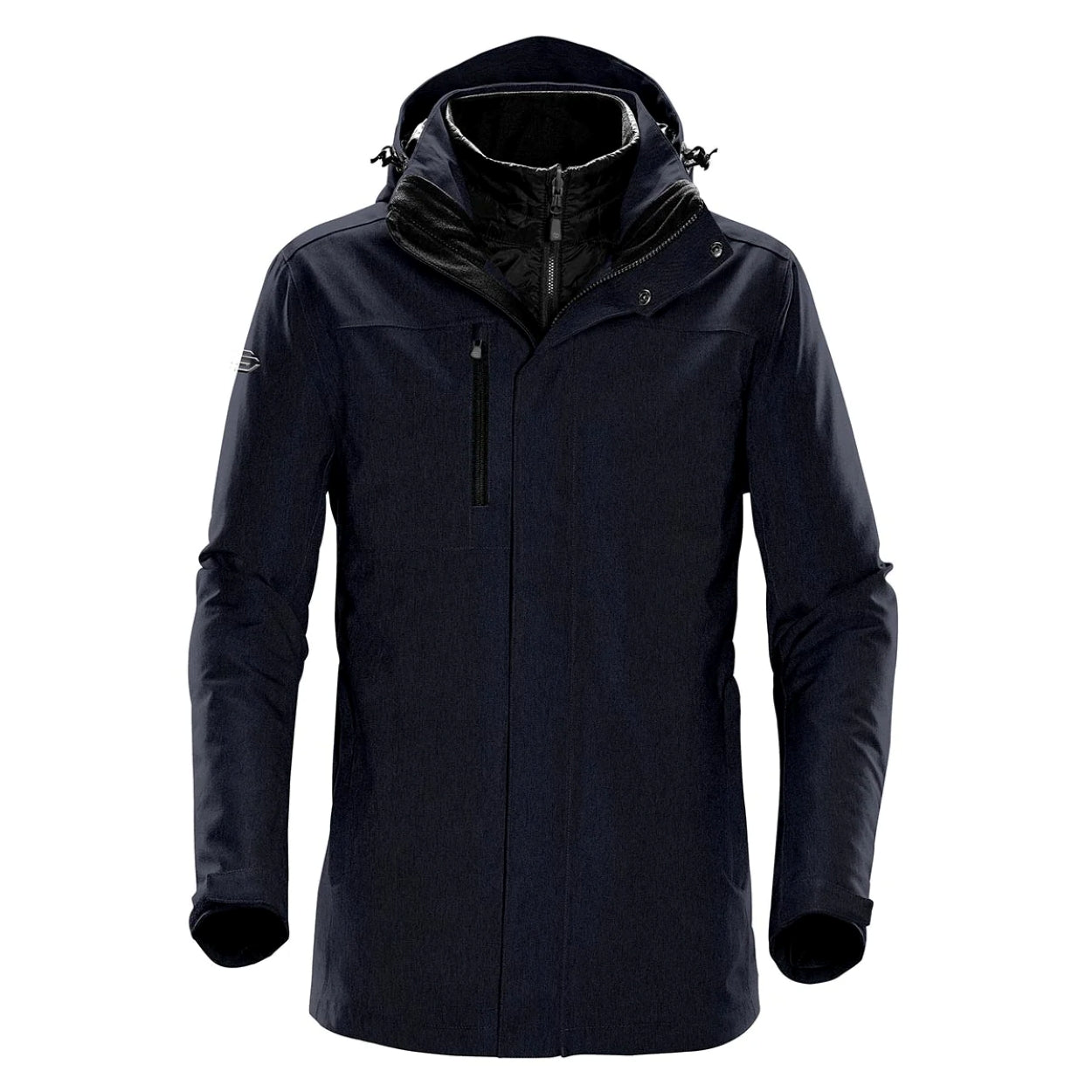 Navy hybrid coat on a white background