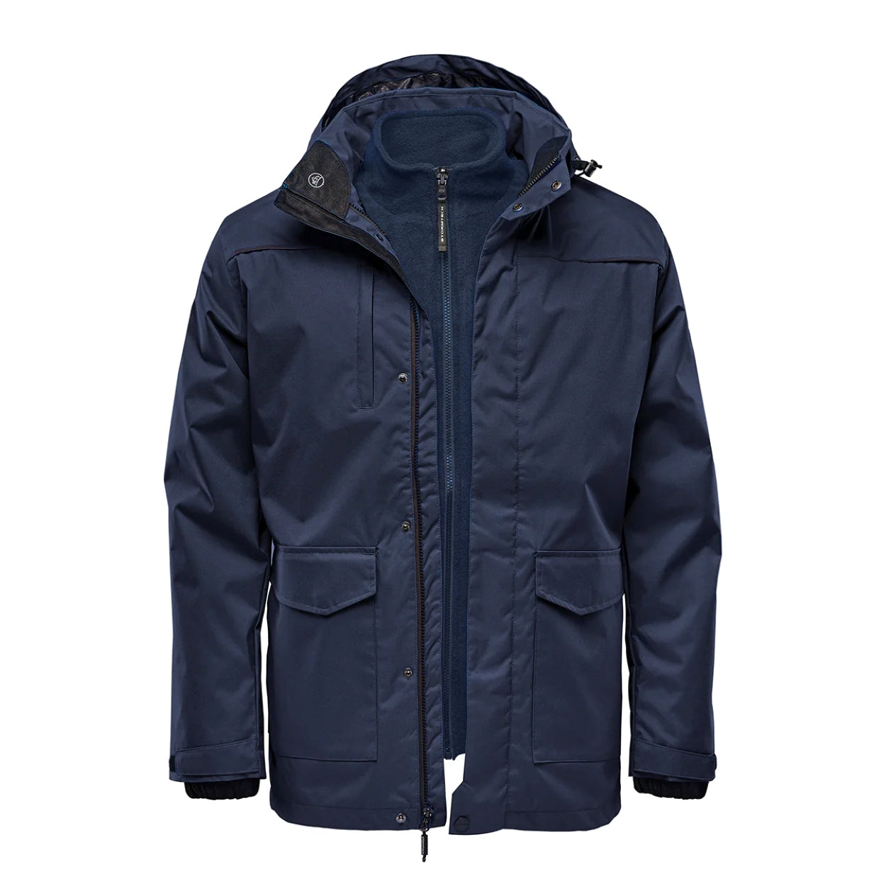 Navy hybrid coat on a white background