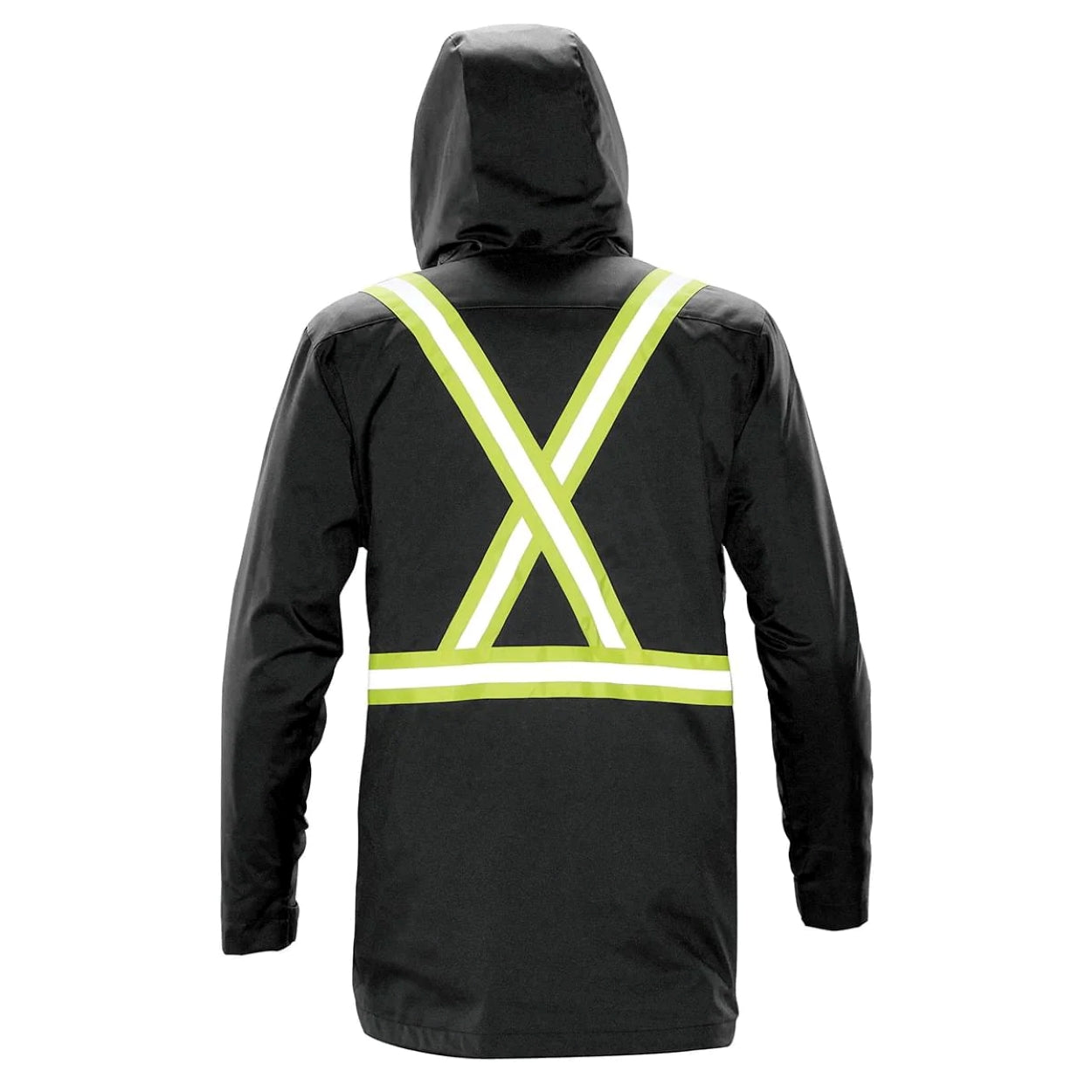 Hi-vis black hybrid coat on a white background