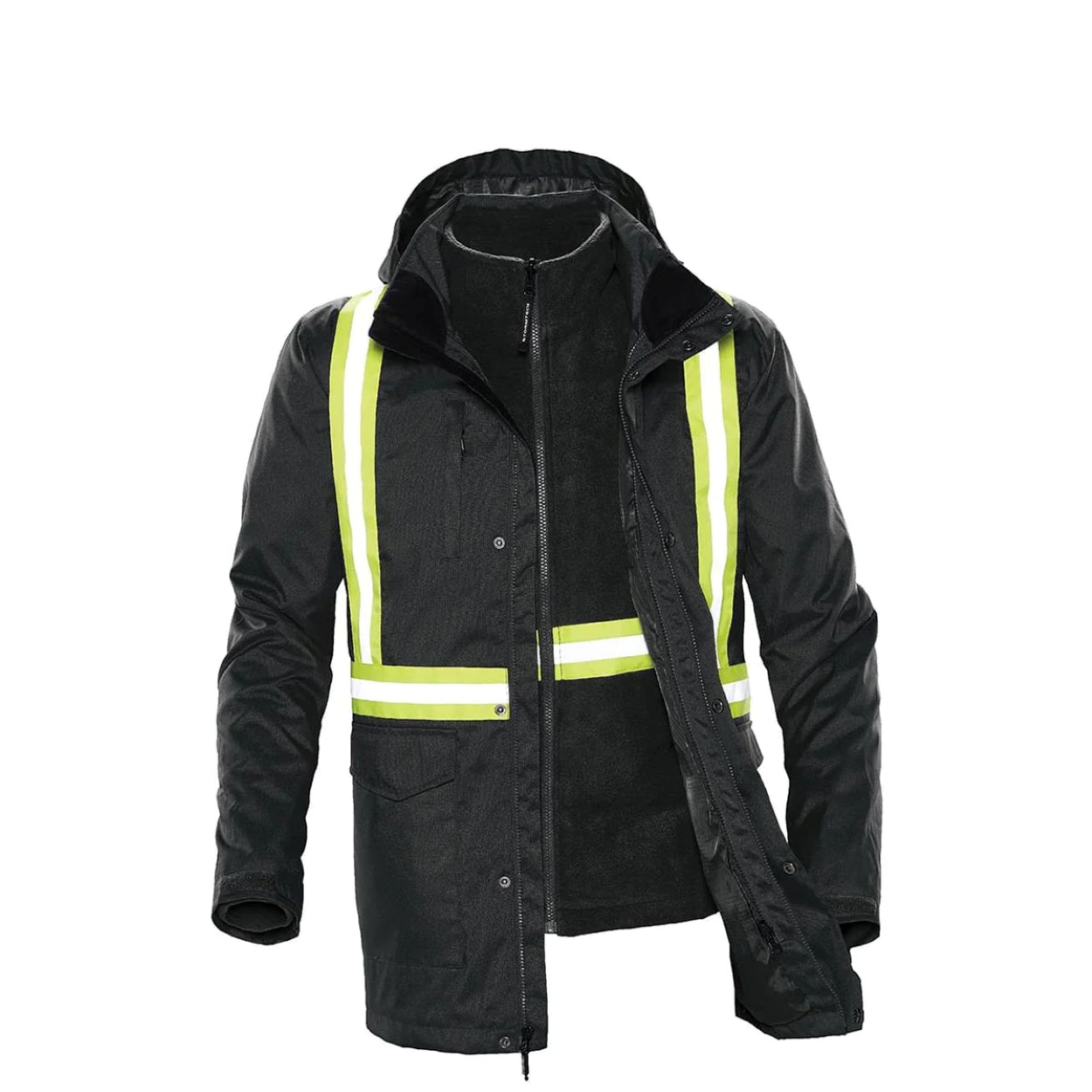 Hi-vis black hybrid coat on a white background