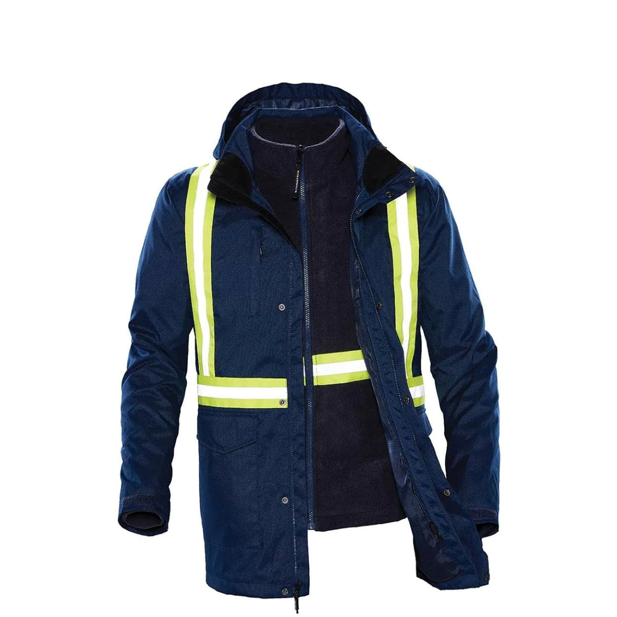 Hi-vis navy hybrid coat on a white background