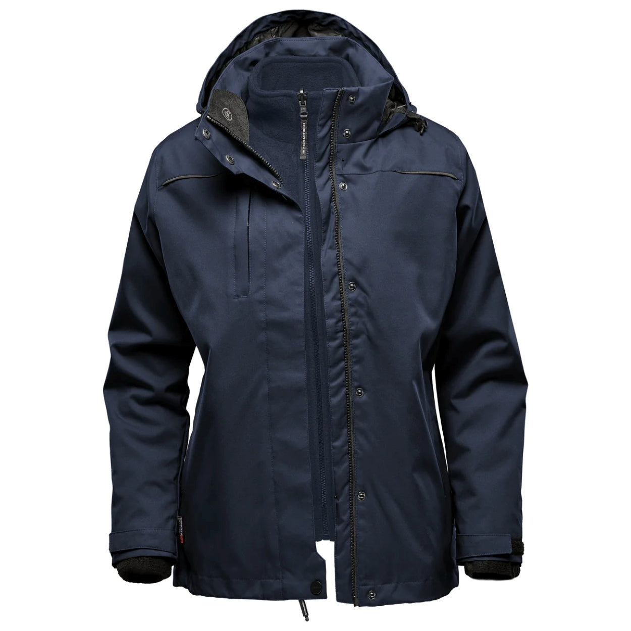 Navy hybrid coat on a white background