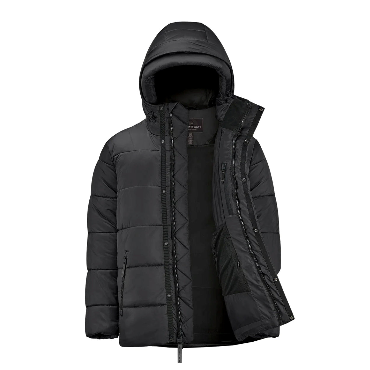 Black parka with hood on a white background