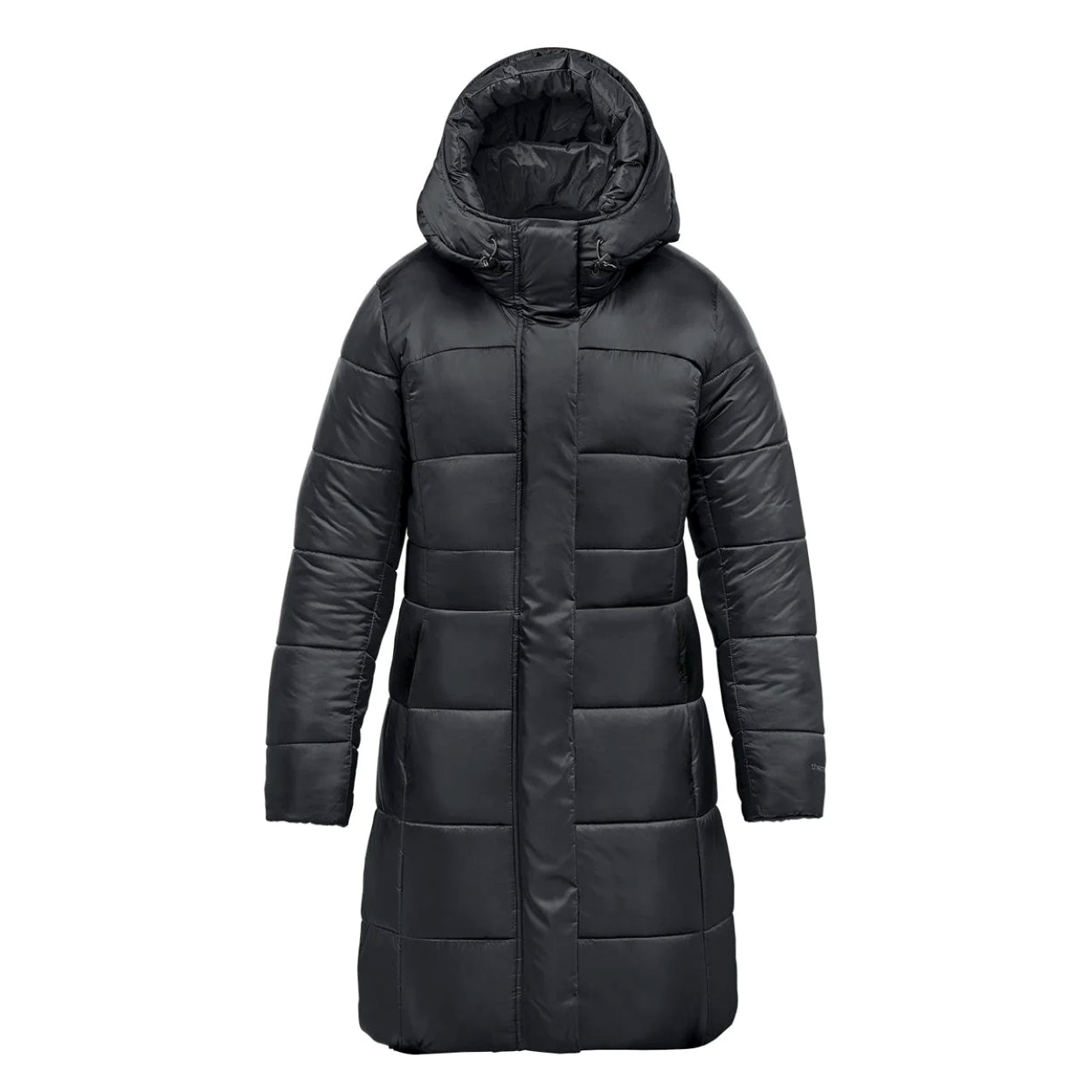 Black parka with hood on a white background