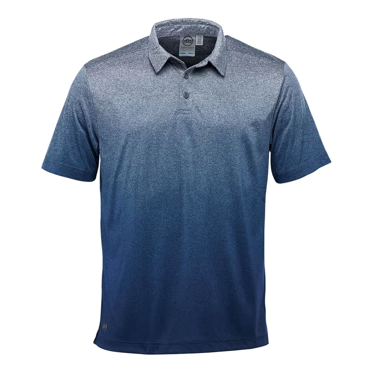 Navy heather polo shirt on a white background