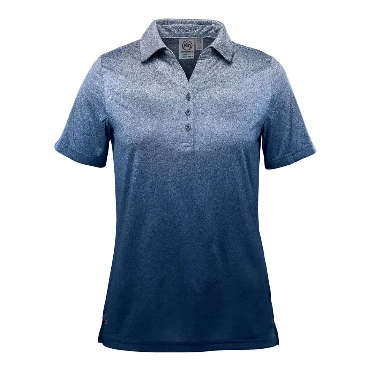Navy heather polo shirt on a white background
