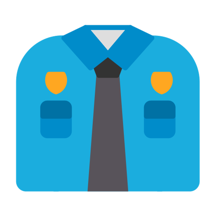 Blue uniform with a tie and yellow crests on a white background