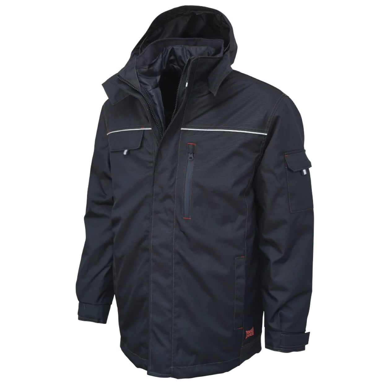 Navy hybrid coat on a white background
