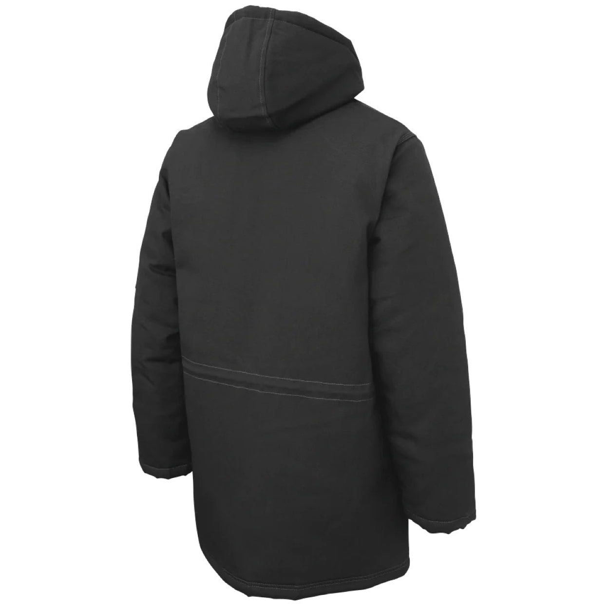 Black parka with hood on a white background