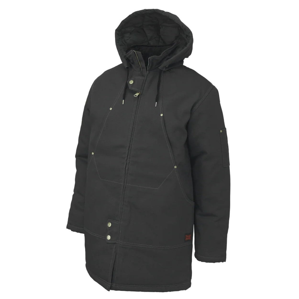 Black parka with hood on a white background