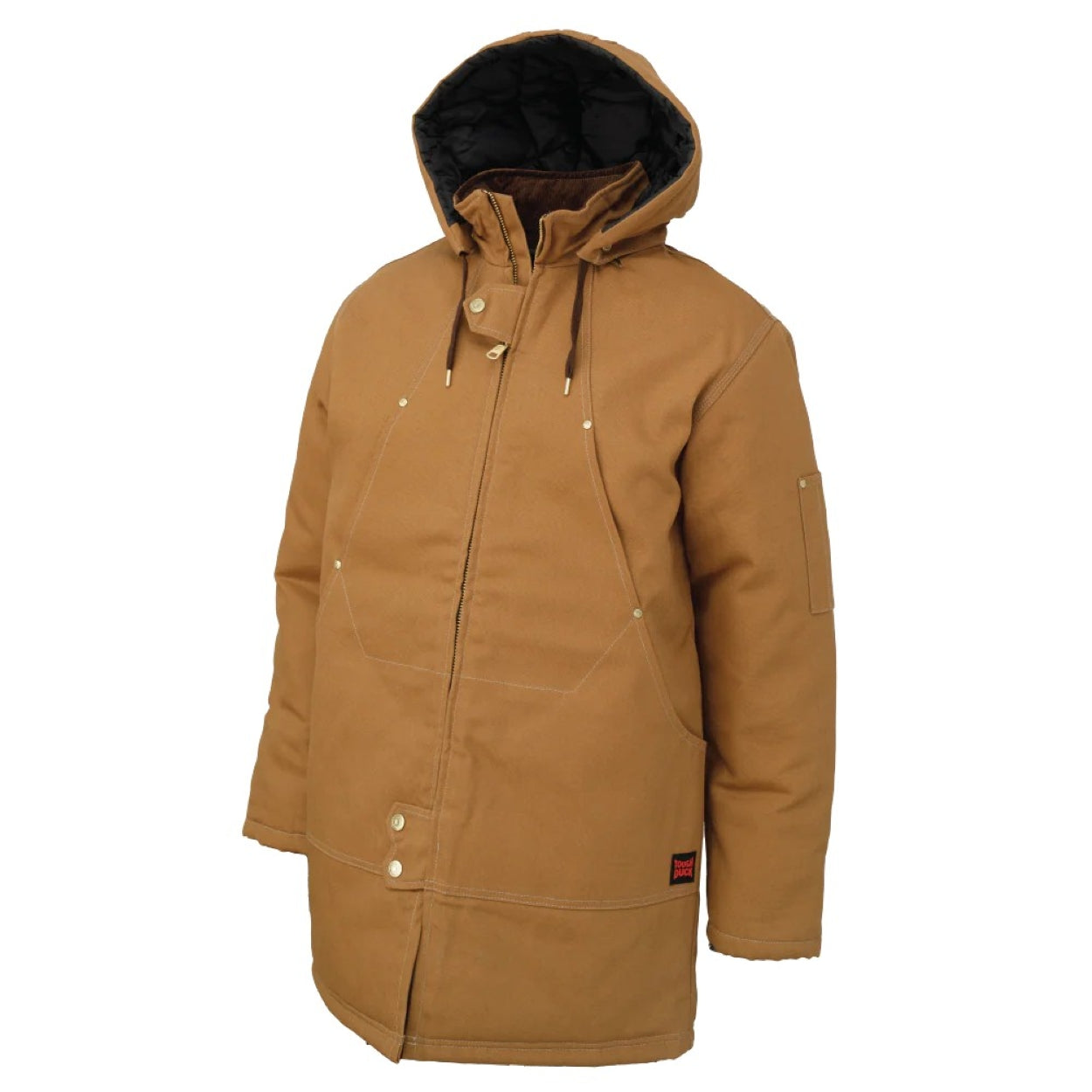 Brown parka with hood on a white background