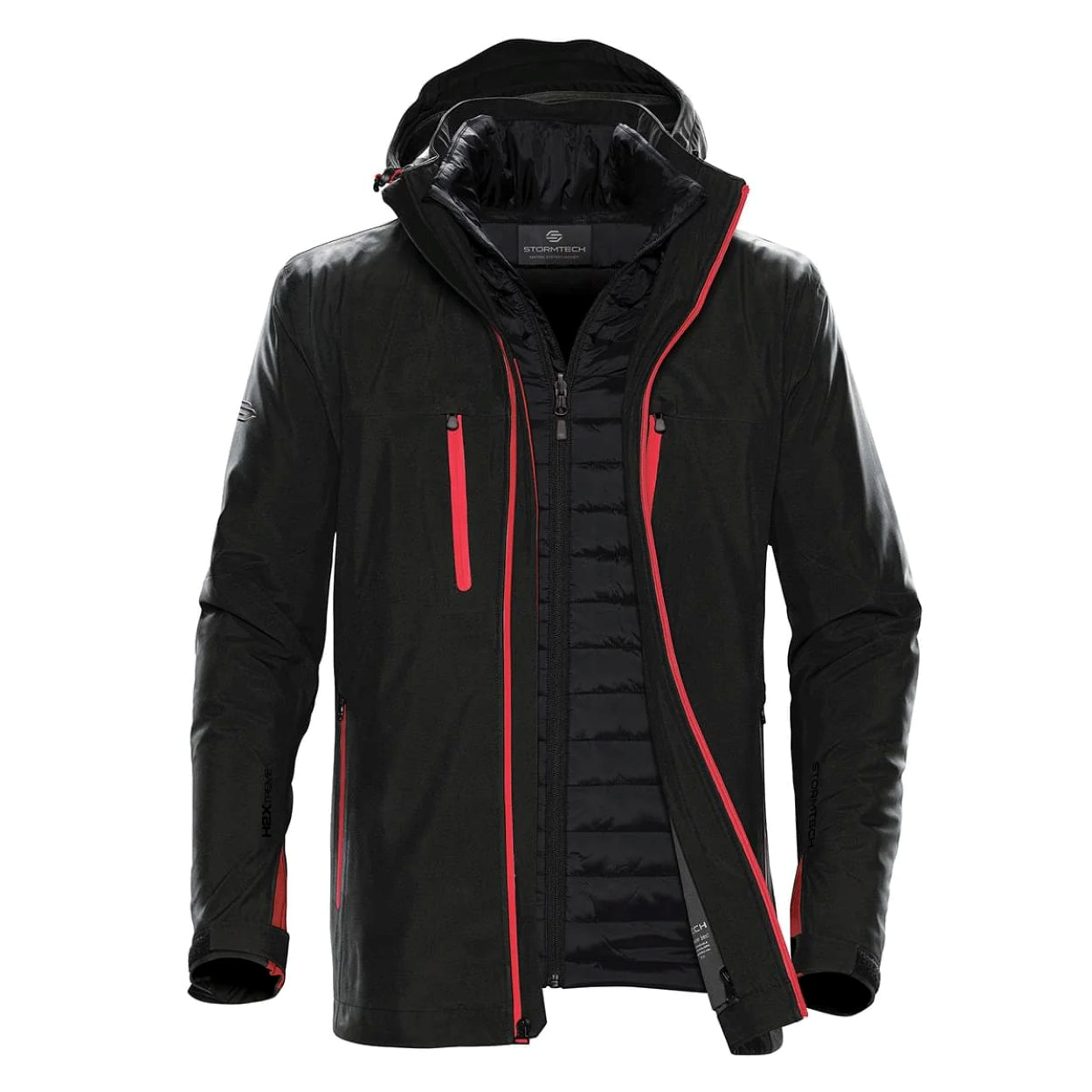 Black/bright red hybrid coat on a white background