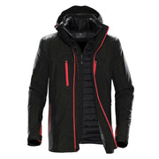 Black/bright red hybrid coat on a white background