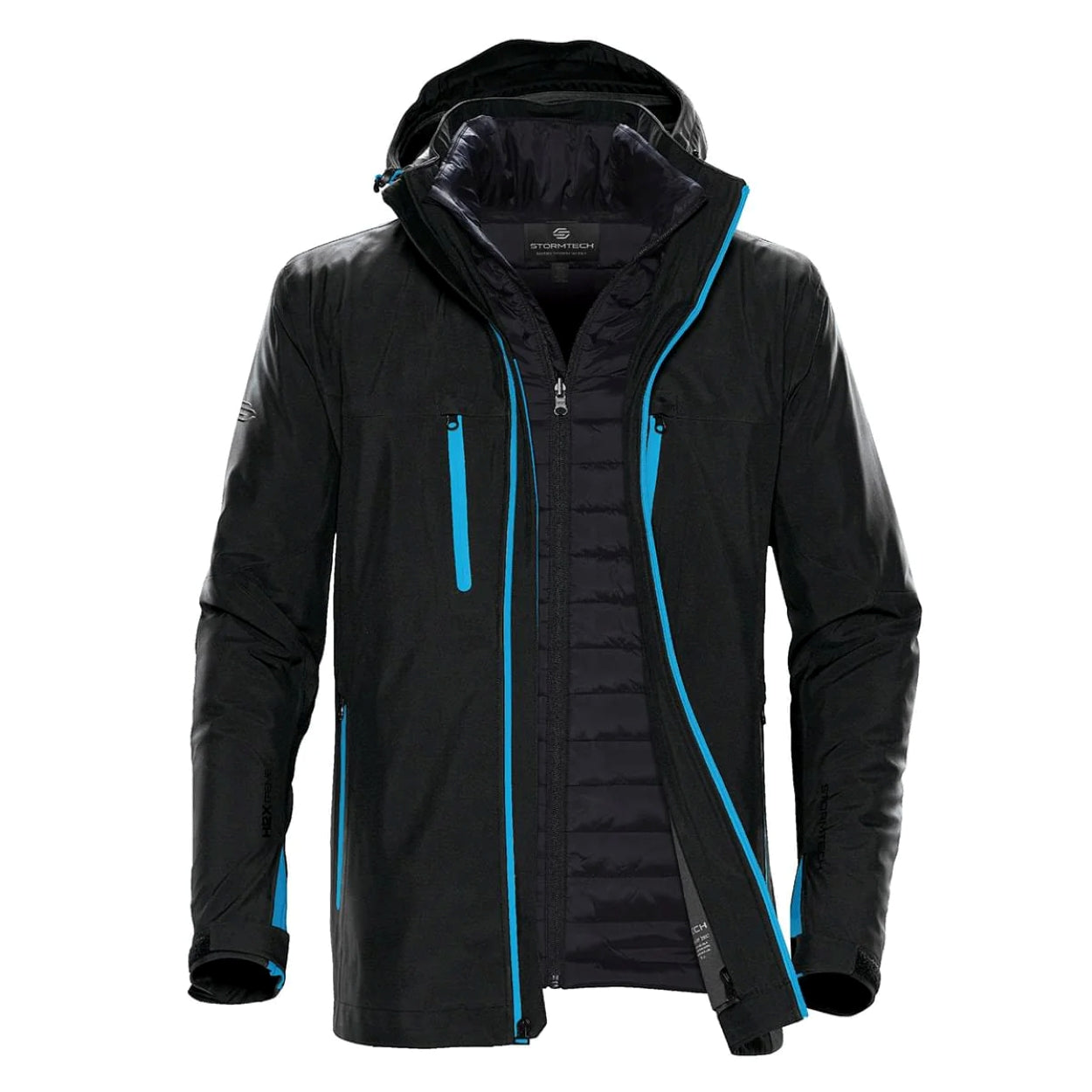 Black/electric blue hybrid coat on a white background