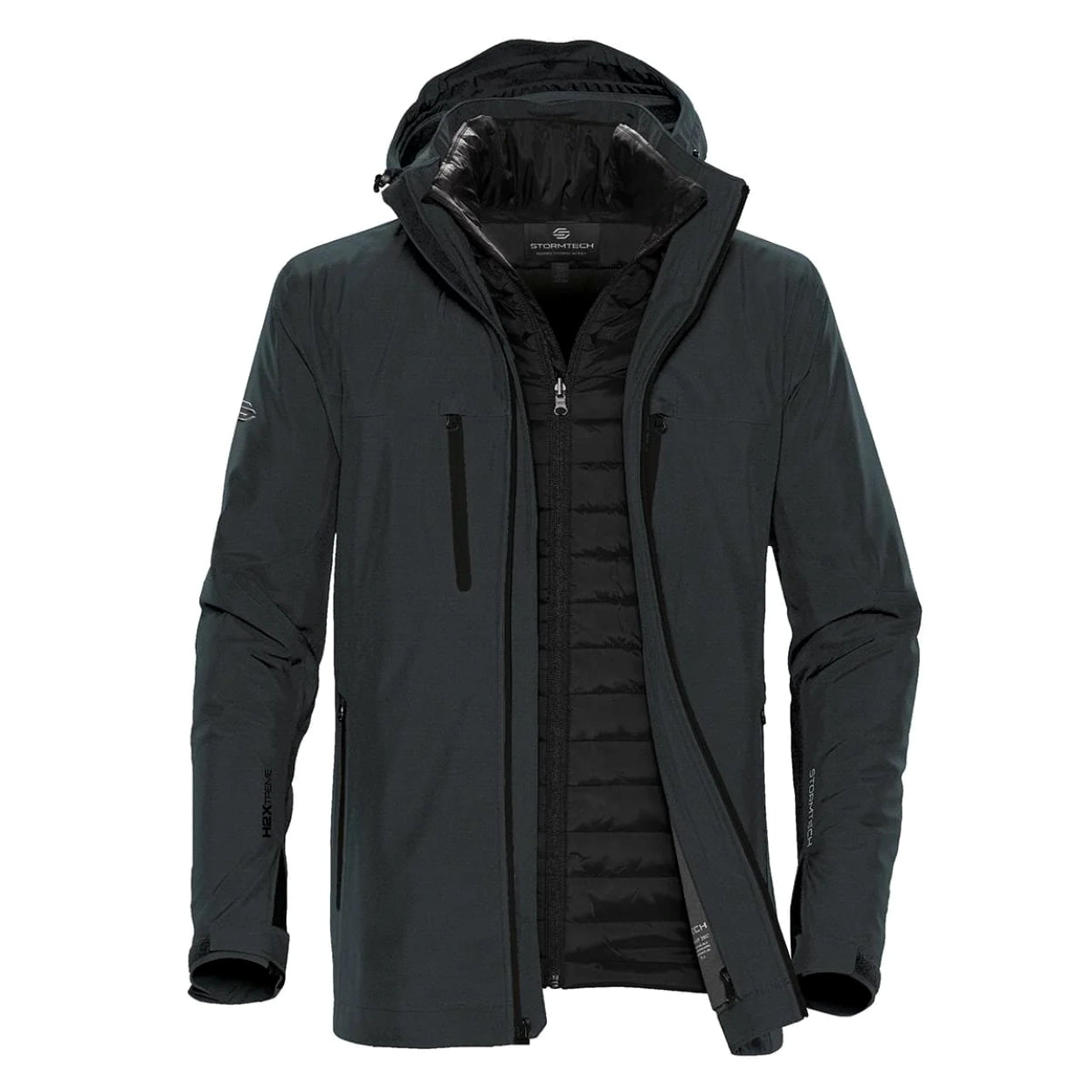 Charcoal twill/black hybrid coat on a white background