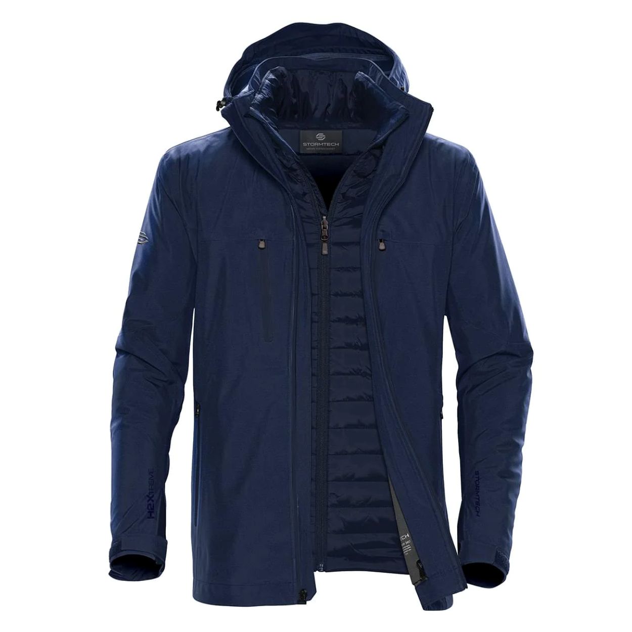 Navy/navy hybrid coat on a white background