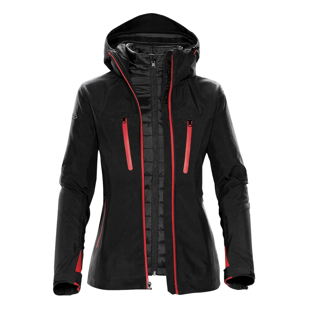 Black/bright red hybrid coat on a white background
