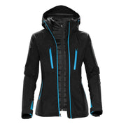 Black/electric blue hybrid coat on a white background