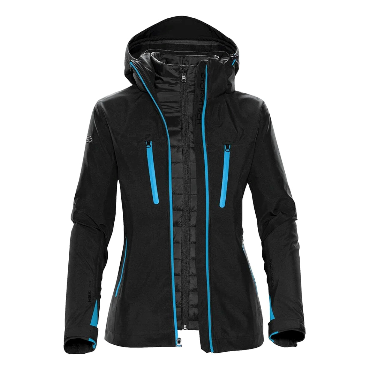 Black/electric blue hybrid coat on a white background