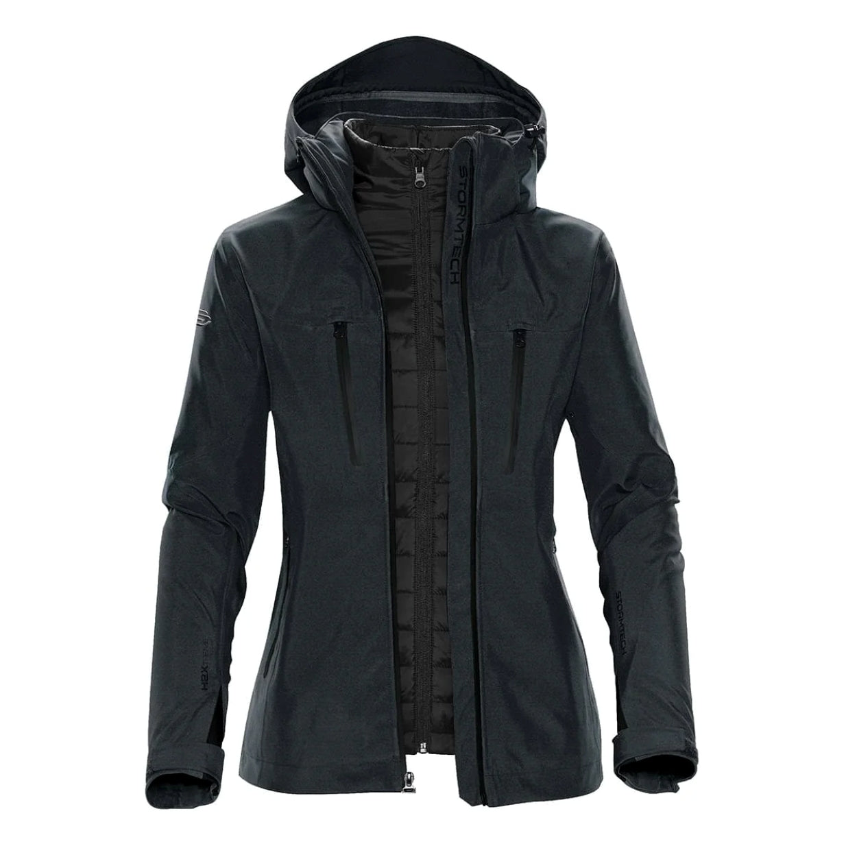 Charcoal twill/black hybrid coat on a white background