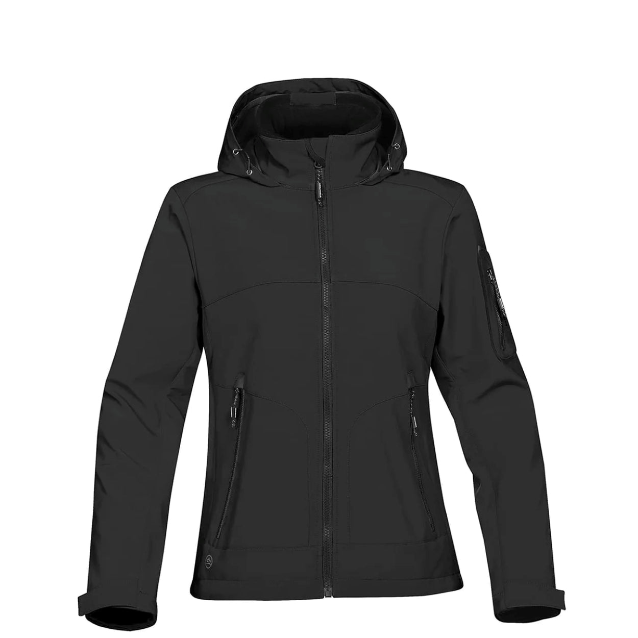 Black softshell jacket on a white background