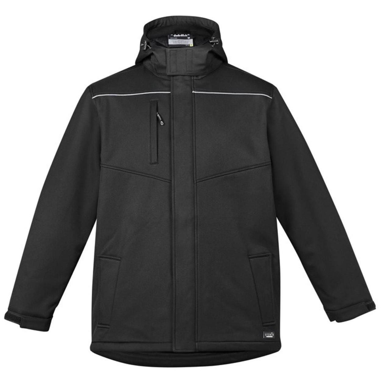 Black softshell jacket on a white background